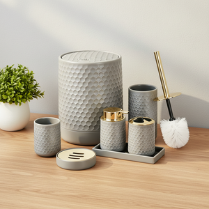 Ensemble d'accessoires de salle de bain en plastique à texture nid d'abeille gris, 6 pièces, distributeur de savon, porte-brosse de <span class=keywords><strong>toilette</strong></span>, pour la décoration de salle de bain moderne - Product Image 6