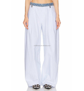 100% algodón holgado de lujo para mujer rayas originales azul y <span class=keywords><strong>blanco</strong></span> Denim cintura algodón Oxford pantalones Denim cintura Pantalones - Product Image 1