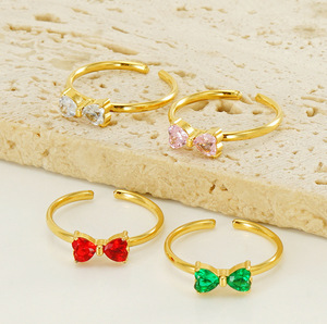 Colorful Heart Cubic Zirconia Open <strong>Ring</strong> Adjustable Gold Plated Stainless Steel <strong>Bow</strong> <strong>Ring</strong> for Women - Product Image 1