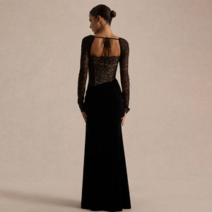 Vestido de noche de manga larga con encaje y terciopelo, abertura alta, escote cuadrado, elegante, ropa formal para mujer - Product Image 4