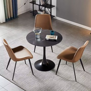 Juego de mesa y sillas de comedor de 3 piezas con base redonda de metal negro y sillas de cuero marrón para sala de estar, comedor u oficina - Product Image 1