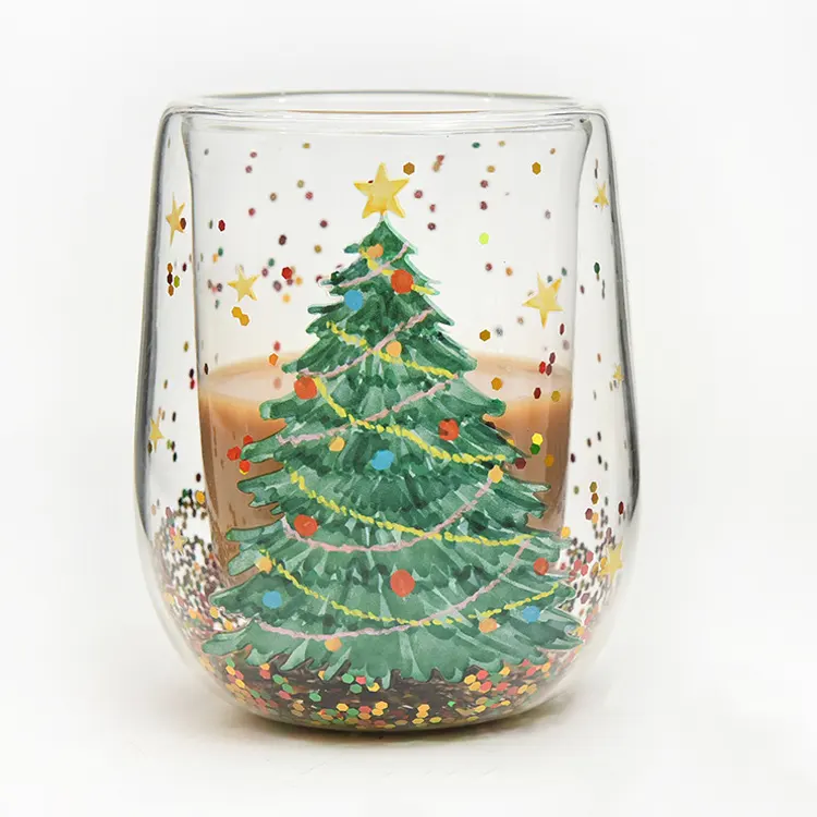 Vasos de Navidad para beber, tazas de té de cristal hechas a mano, taza de café de cristal de doble pared para regalo