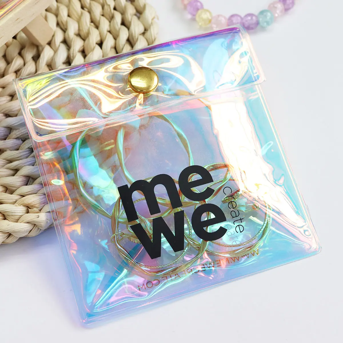 Bolsas de plástico resellables con logotipo personalizado impreso, bolsas de plástico holográficas de PVC con botón para joyería