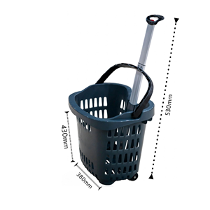 Supermarket Portable Shopping Basket Gray <b>Plastic</b> with Thick Aluminum Alloy Pull <b>Rod</b> Easy Shopping Grocery Basket - Product Image 2