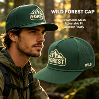 Casquette de golf unisexe réglable à 5 panneaux, perforée au laser, brodée sur mesure, avec patch en caoutchouc motif Forêt Montagne Arbre
