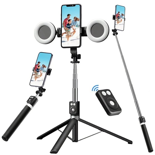 Wireless Telescopic Selfie Stick Stand Dual Fill Light for Remote Control ABS+Stainless Steel Tripod for Makeup Live