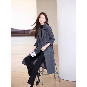 Women's Grey Wool Trench Coat Mid Length Slim Fit Winter Overcoat With Pocket Houndstooth Pattern - Product Image 4