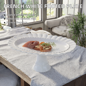 Plat à dessert ovale blanc de style français, à pied, gaufré, pour fêtes et mariages - Product Image 2