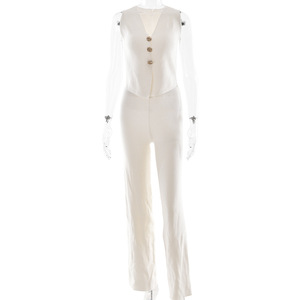 Women <b>Knitted</b> Sleeveless Cardigan High Waisted Trousers <b>Set</b> Solid Color Breathable Casual Suit Myl1488 - Product Image 5
