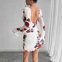 Robe mini vintage sexy pour femme européenne et américaine, à manches évasées, dos nu, motif floral, en maille, taille haute, style jupe crayon