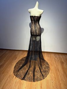 Gala Dramatic Glamour <strong>Black</strong> Lace Strapless <strong>Corset</strong> Evening Gown Mesh Sheer Fashion Sexy Maxi Mermaid <strong>Dress</strong> - Product Image 3