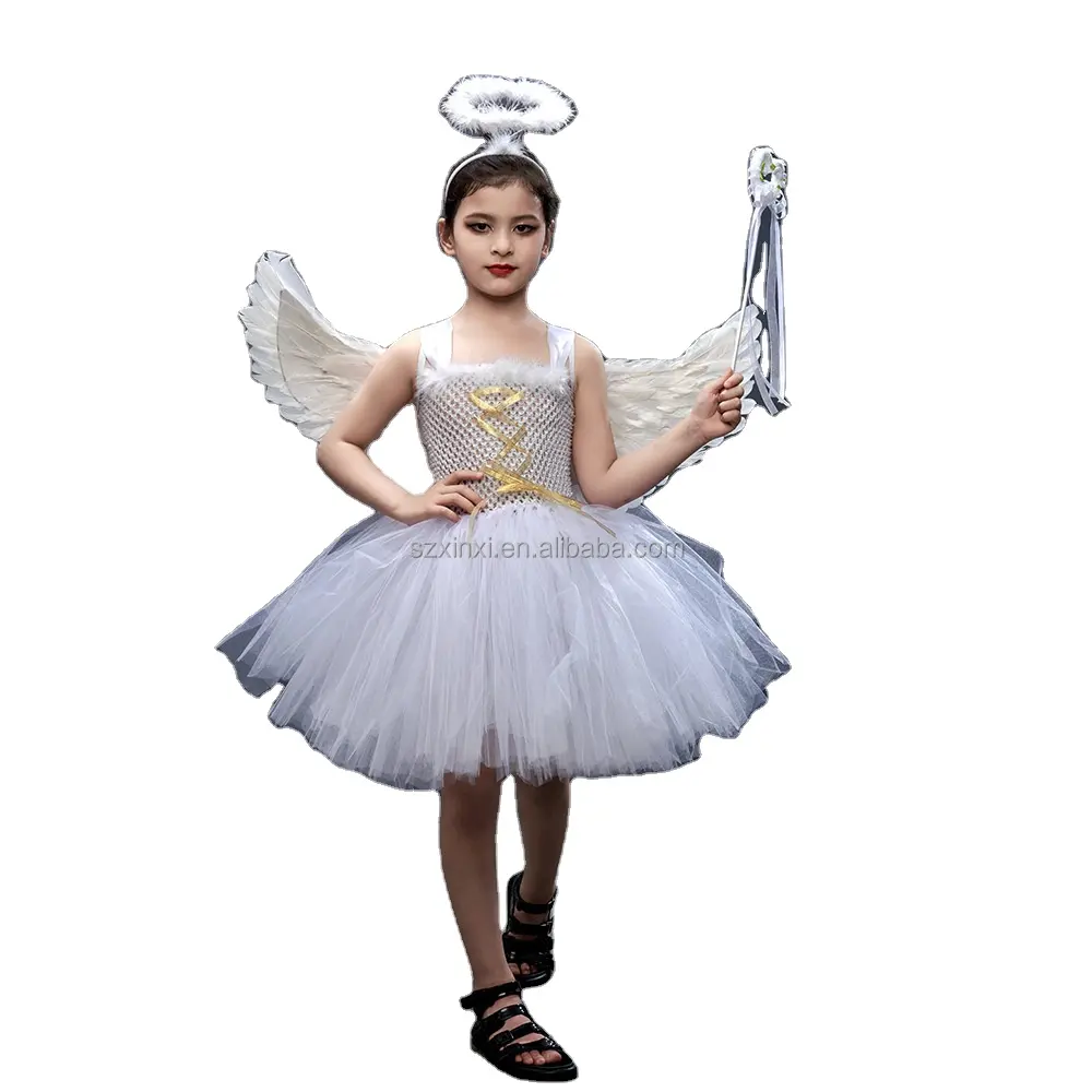 All'ingrosso Halloween Kids Costume Party Wear Princess Angel White Cosplay Gown Girl Carnival Party Tutu Tulle abiti per ragazze