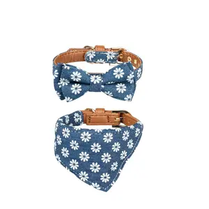 Amazon Hot Selling Wholesale Custom Daisy-blue Bow Tie Dog Collar customized dog bandana scarf