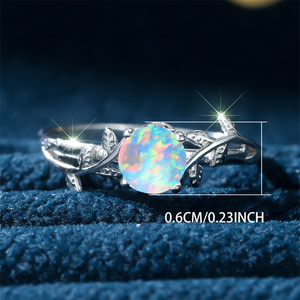 White Opal Round Round Stone <strong>Ring</strong> 925 Sterling <strong>Silver</strong> Leaf <strong>Rings</strong> for Women Vintage Wedding <strong>Band</strong> Bridal Engagement Jewelry Gifts - Product Image 4