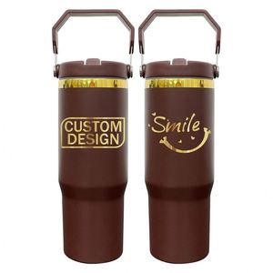 Bouteille d'eau en acier inoxydable de 30 oz avec couvercle à clapet et paille, plaquée or miroir sous revêtement en poudre chocolatée, pour gravure laser - Product Image 1