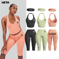 Ensemble de yoga 2 pièces pour femme : haut dos nu à rayures et pantalon capri taille haute, en maille, pour la gym, l'entraînement et les activités estivales, avec logo personnalisé