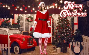 5 шт., женское платье Санта-Клауса, красное рождественское платье, костюм из полиэстера, Рождественская Одежда для взрослых с аксессуарами