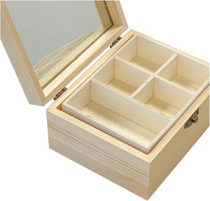 Grande boîte à bijoux en bois de pin inachevée avec plateau amovible miroir en verre fixe organisateur de table cosmétique prêt à l'emploi pour le stockage - Product Image 3