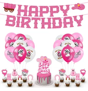 Pink Western Cowboy Party Decoration Supplies BFF Birthday Party Pull Flag Balloon Decoration Set