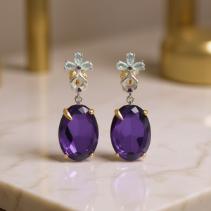 Orecchini Pendenti Floreali Romantici da Donna, Placcati Oro con Ametista Taglio Ovale e Montatura a Griffe, Gioielli alla Moda per Feste - Product Image 2