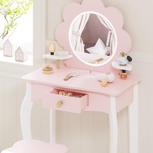 Ensemble de coiffeuse pour enfants en MDF de couleur <span class=keywords><strong>rose</strong></span> et blanche avec miroir lumineux et tiroir, forme de fleur, table de maquillage - Product Image 5