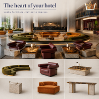 Ensemble de mobilier de luxe pour hall d'hôtel : canapé incurvé, fauteuils lounge, tables basses en pierre et console pour projets hôteliers