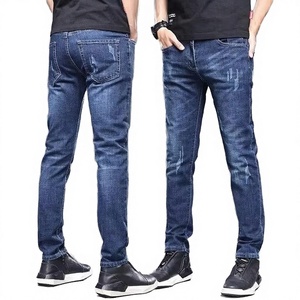 Jean en denim pour homme, taille haute, coupe slim, délavé moyen, décontracté, jambe droite, élastique, séchage rapide, pour le sport et les affaires - Product Image 3