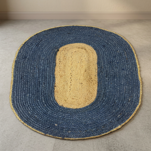 Tapis ovale en jute bleu, tressé, couleur unie, style farmhouse, antidérapant, à poils plats, pour salon - Product Image 3