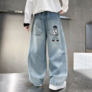 Jeans en denim souple décontractés à jambe droite pour garçons, <span class=keywords><strong>taille</strong></span> élastique respirante, délavage sable, pour enfants et adolescents, printemps-automne - Product Image 5