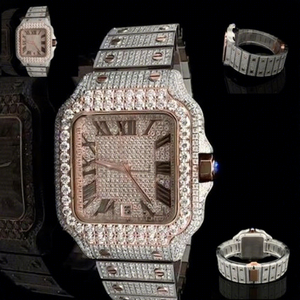 ตัวเรือนนาฬิกาประดับเพชรโมอิสซาไนต์ทรงสี่เหลี่ยมแบบ Iced-Out VVS หน้าปัดกระจก ตัวเรือนสแตนเลสสตีล กันน้ำได้ 10 บาร์ สายนาฬิกาแบบมีตัวล็อค - Product Image 1