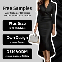 Robe Midi Moulante Noire Col V Manches 3/4 Froncée Personnalisée OEM pour Femme, Taille Nouée, Ourlet Asymétrique, Élégante pour Bureau et Soirée