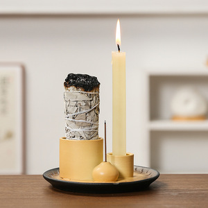 Ensemble de bougeoirs bleus effet four émaillé, style nordique, avec <span class=keywords><strong>palette</strong></span> en <span class=keywords><strong>bois</strong></span> sacré de sauge, décoration d'ambiance pour la maison, semi-artisanal - Product Image 3