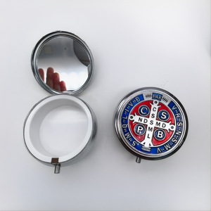 <b>Compact</b> Mirror Round Metal Embossed Religious Design Jewelry Box <b>Makeup</b> Mirror Tinplate Material - Product Image 4