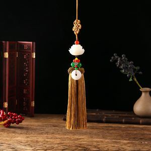 Chinese Knot Lotus Tassel Pendant With White Jade Car Rearview <b>Mirror</b> Ornament Handmade Decorative Charm - Product Image 3