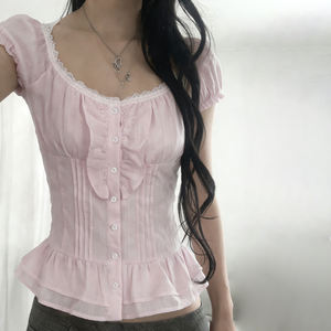 Camiseta de Verano Informal para Niñas, con Cuello Cuadrado, Botones al Frente, Manga Abullonada, Estampado Digital, Transpirable, con Parches de Encaje - Product Image 3