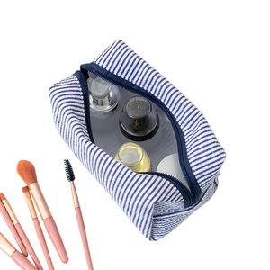 Bolsa de Cosméticos de Gran Capacidad, Estilo Seersucker, con Rayas, para Viaje, Neceser para Mujer, Organizador de Maquillaje Bordado - Product Image 5
