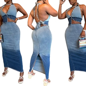 Nouvelle Robe Longue Femme Sans Manches à Col Halter et Dos Nu avec Lacets, Dégradé de Couleurs, Fendue, en Jean Sexy, Ensemble 2 Pièces Tendance - Product Image 1