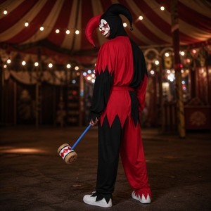Conjunto de Disfraz de Bufón Malvado con Capucha de Dos Puntas, Máscara Blanca, Túnica Roja y Negra, Pantalones y Accesorios de Halloween, Incluye Mazo - Product Image 3