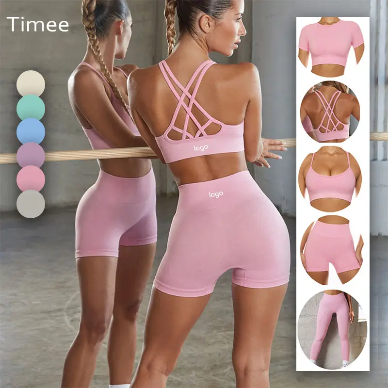 New design crossed back sports bra seamless shorts pink athletic leggings womens athletic wear sets tops yoga gym fitness sets