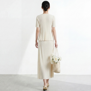 Ensemble deux pièces chic prairie pour femme, jupe plissée crème, manches courtes, col rond, broderie unie, longueur mi-mollet, printemps-été - Product Image 5