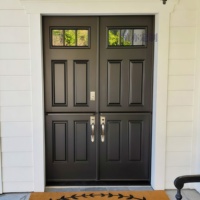 Porte d'entrée double en bois massif de style rustique américain avec poignée noire pour entrée principale de villa