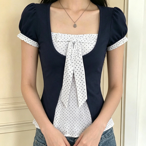 School Girl Cute Polka Dot Breathable Summer Two Piece <b>Tie</b> Front Belt Casual Commute Short Sleeve T-Shirt - Product Image 3