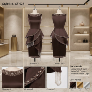 Vestido Midi Color Chocolate Oscuro con Sobre Falda en Capas y Flecos de Cristal, Elegante Vestido de Cóctel para Fiesta de Noche - Product Image 2