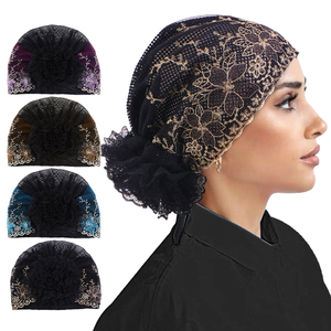 Chapeau turban en dentelle à fleurs pour femmes, couvre-chef musulman islamique, turban africain en perles, couvre-chef doux et extensible - Product Image 2