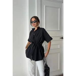 Blusa de Popelina con Detalle de Fruncido en la Cintura, Blusa Negra para Mujer, Manga Corta, Corte Ajustado, Top Moderno - Product Image 3