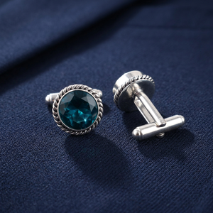 Boutons de manchette artisanaux en apatite bleue, sertis de pierres précieuses, en argent sterling 925 plaqué, pour hommes et femmes. - Product Image 3