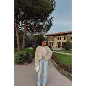 Long for Cream Ruby <b>Faux</b> <b>Fur</b> Overcoat Vintage Belt Button Dyed Plaid Patchwork Print Design Featuring Mink Fox Wool/Cashmere - Product Image 2