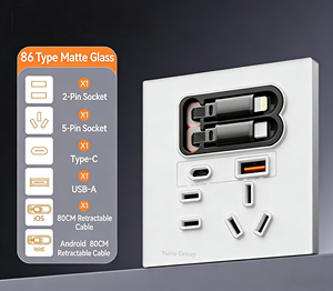 Prise murale en verre mat de type 86 du groupe YuHe avec prises 2 broches et 5 broches, ports USB-C/USB-A, câbles rétractables de 0,8 m et application Smart Life - Product Image 3