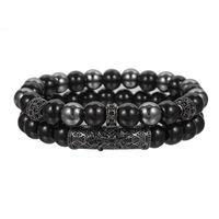 Bracelets de perles en pierre naturelle faits à la main 2pcs Bracelet en pierre givrée avec breloques en forme de boule incrustée Bracelets de perles noires