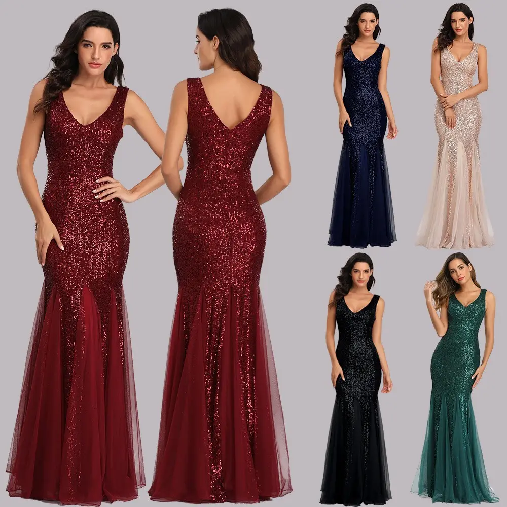 YQY90813 High Quality Stretch Sequin Mesh Mermaid Evening Gown Dress Elegant Bridesmaid Dresses Sleeveless Party Dress For Girl